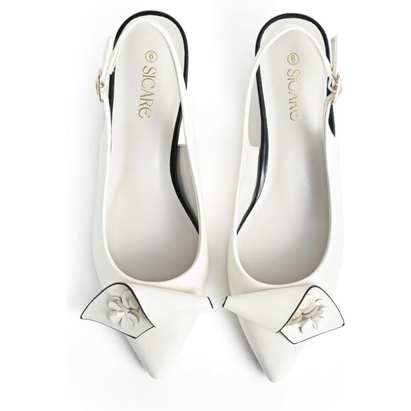 Sicare Slingback Heels Pumps Synthetic White Women Flower Block Heel Dress Shoes - Picture 8 of 13